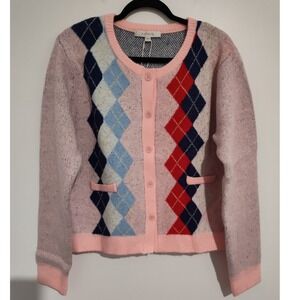Flat White Women Argyle Cardigan Sweater Pink Blue Red Crew Neck NWT Large